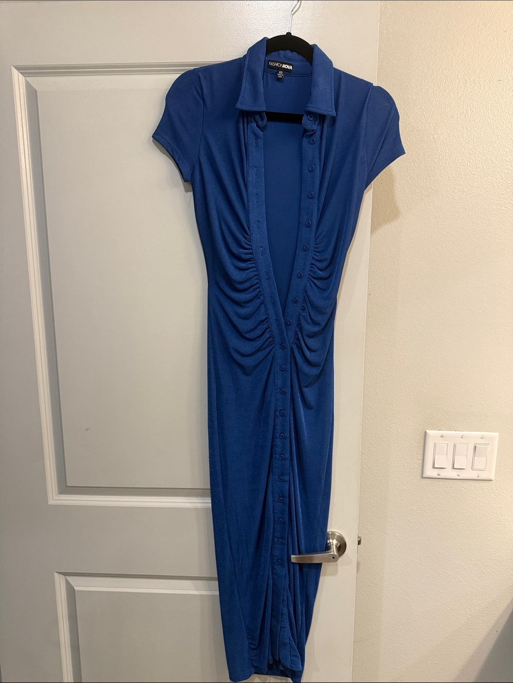 Fashion Nova Cobalt Blue Ruched Button-Front Maxi Dress